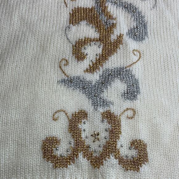 Vintage Knit Sweater Womens Size Medium M Cream Gold Metallic V Neck Beaded 90s - Picture 3 of 8